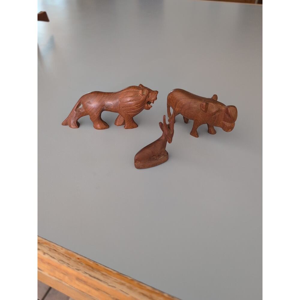 VTG Set Of 3 Hand Carved Wooden Safari African Lion, Hippo And Gazelle 70s